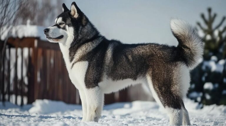 Crno beli Akita pas stoji na snegu