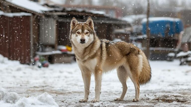 Aljaski haski stoji na snegu