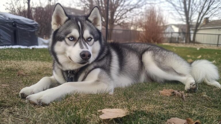 Aljaski malamut leži na travi u dvorištu