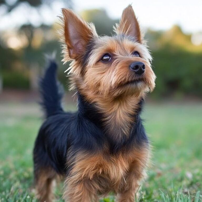 Crno braon Australijski terijer stoji na livadi sa podignutim ušima