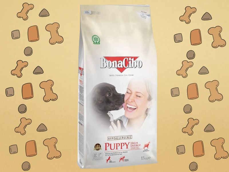 BonaCibo Puppy visokoenergetska hrana - piletina sa inćunima i pirinčem, sa zlatnom pozadinom i grafikom granula
