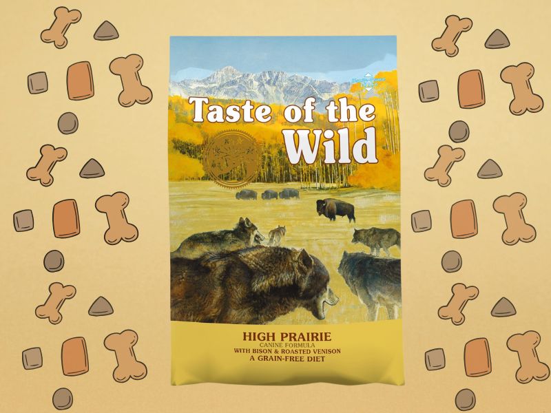 Taste of the Wild High Prairie - sa srnetinom i bizonom, sa zlatnom pozadinom i grafikom granula
