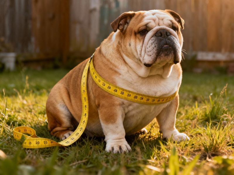 gojazni buldog u travi sedi