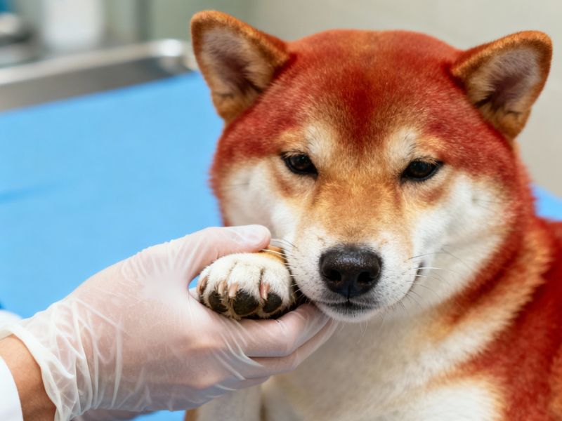 pas kod vetrinara na pregledu, veterinar ga drži za šapu