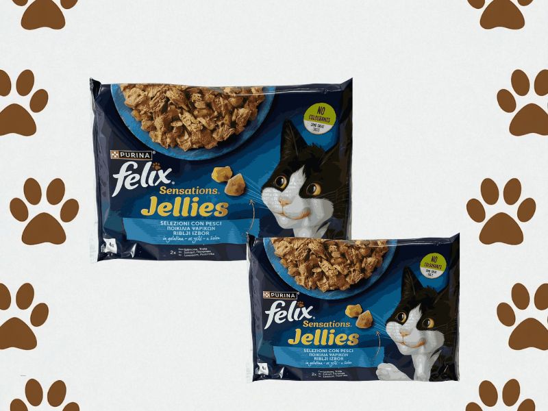 Felix sensations sosić za mačke na neutralnoj pozadini sa mačijim šapicama