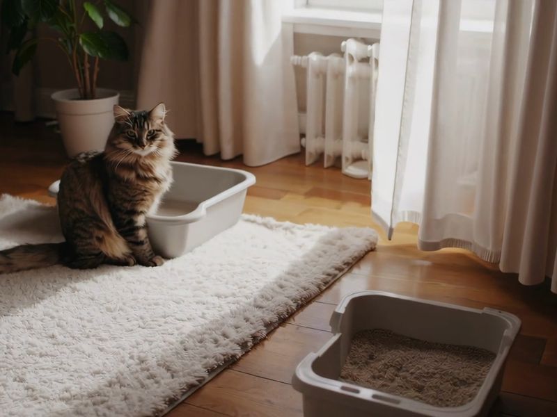 mačka stoji u dnevnom boravku između dve posude sa posipom za obavljanje nužde